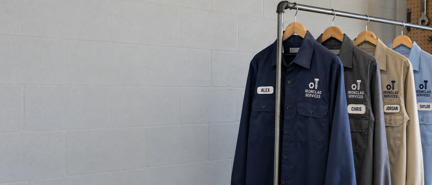 Custom embroidered work shirts hanging on a rack in a workshop