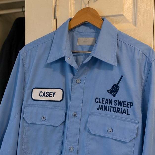Customer photo of a custom work shirt on a hanger