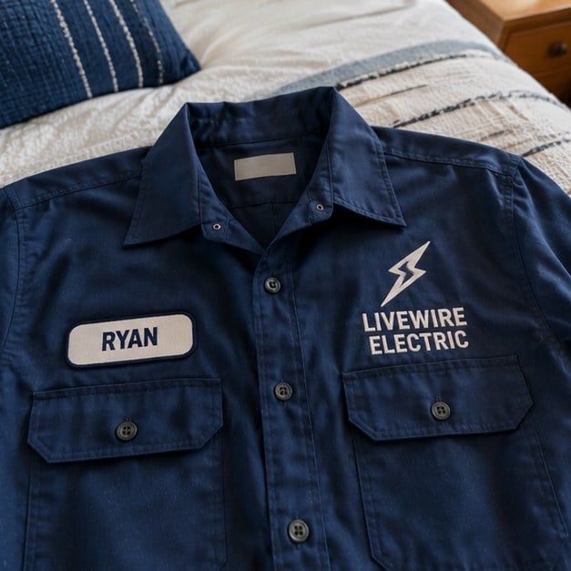 Customer photo of a custom work shirt on a bed