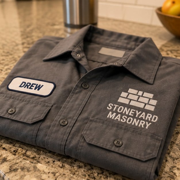 Customer photo of a custom work shirt on a counter